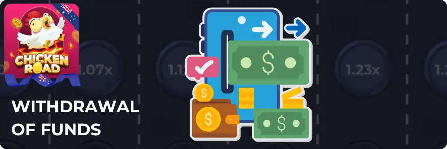 Chicken Road withdrawal of funds with money and wallet icons